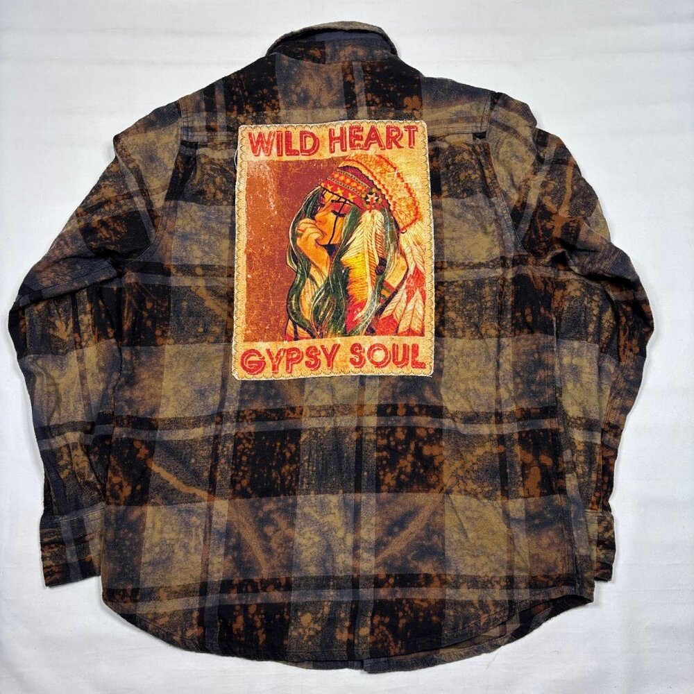 Angry Minnow Flannel Co WIld Heart Gypsy Soul Brown Plaid Flannel Shirt Mens Med